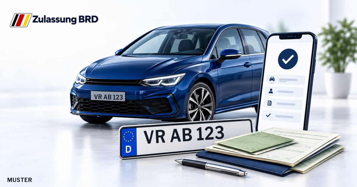 Online Fahrzeugzulassung in Bergen auf Rügen: Musterkennzeichen VR AB 123, Auto und Fahrzeugpapiere und Smartphone. Illustration mit Logo von Zulassung BRD.